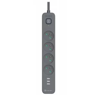   Power Line+ mobile ready surge protector power strip 1.5m (4 sockets + 3x USB A, 5V 2.4A)