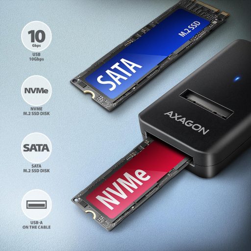 Axagon ADM2-AM USB-A 10Gbps - M.2 NVMe & SATA SSD adaptér, kabelis USB-A 10cm Külső SSD ház Fekete