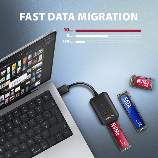 Axagon ADM2-AM USB-A 10Gbps - M.2 NVMe & SATA SSD adaptér, kabelis USB-A 10cm Külső SSD ház Fekete