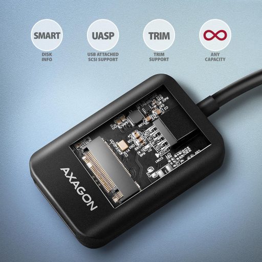 Axagon ADM2-AM USB-A 10Gbps - M.2 NVMe & SATA SSD adaptér, kabelis USB-A 10cm Külső SSD ház Fekete
