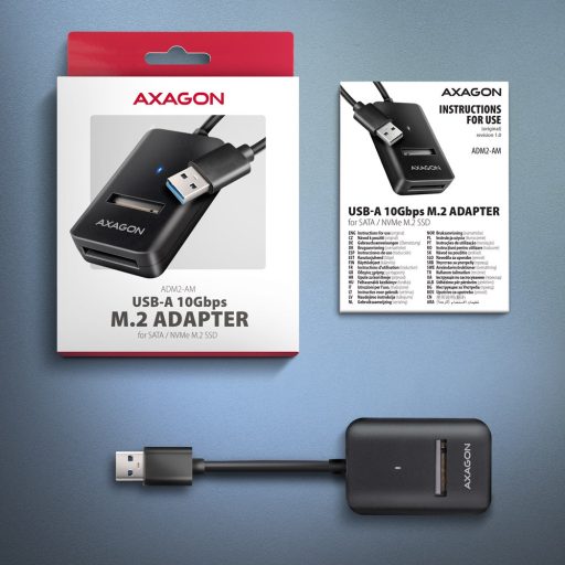 Axagon ADM2-AM USB-A 10Gbps - M.2 NVMe & SATA SSD adaptér, kabelis USB-A 10cm Külső SSD ház Fekete