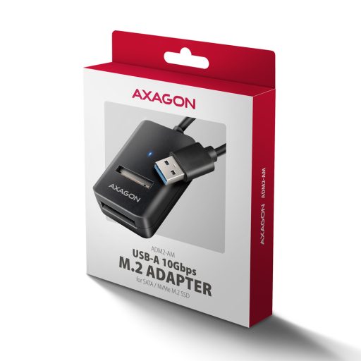 Axagon ADM2-AM USB-A 10Gbps - M.2 NVMe & SATA SSD adaptér, kabelis USB-A 10cm Külső SSD ház Fekete