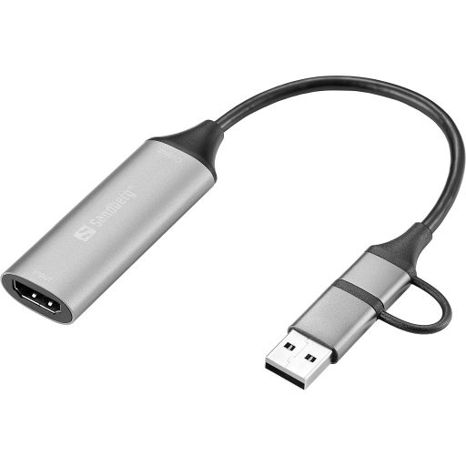 Sandberg 136-70 video átalakító kábel HDMI A-típus (Standard) USB Type-A + USB Type-C Szürke