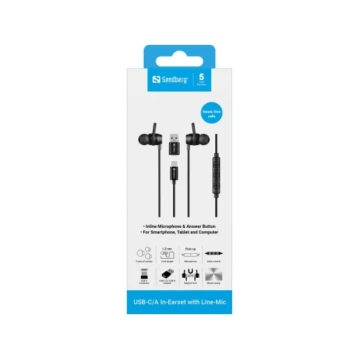 Sandberg 126-50 fejhallgató és headset Vezetékes Hallójárati Hívás/zene USB C-típus Fekete
