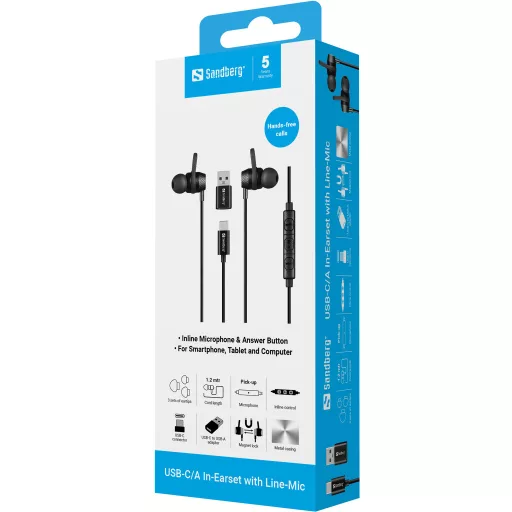 Sandberg 126-50 fejhallgató és headset Vezetékes Hallójárati Hívás/zene USB C-típus Fekete