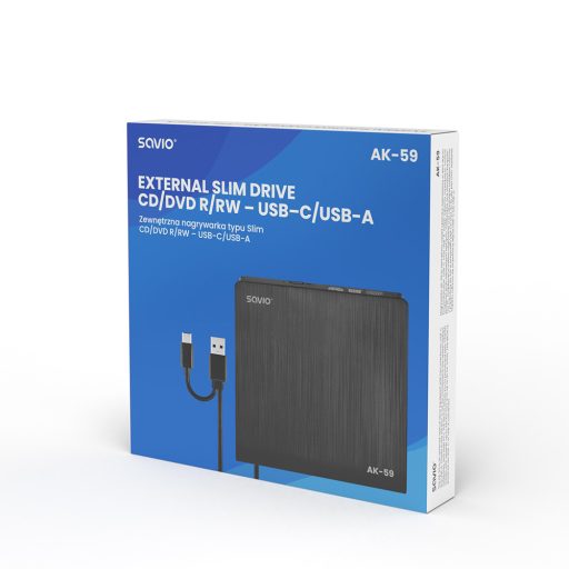 Savio AK-59 External slim CD/DVD Recorder R/RW - USB-C/USB-A black optikai meghajtó DVD±RW Fekete