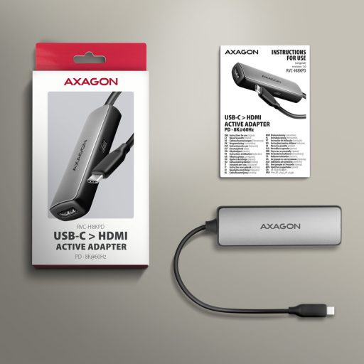 Axagon RVC-HI8KPD, USB-C -> HDMI 2.1 redukce / adaptér, 8K/60Hz, 4K/144Hz, HDR10+, PD100W 0,16 M USB C-típus HDMI + USB Type-C