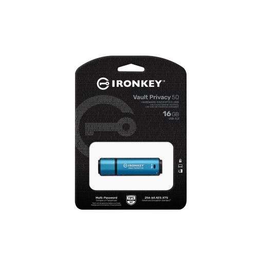 Kingston Technology IronKey Vault Privacy 50 USB flash meghajtó 16 GB USB A típus 3.2 Gen 1 (3.1 Gen 1) Fekete, Kék