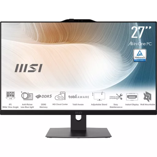 MSI Modern AM272P 12M-1063AT Intel® Core™ i5 i5-1235U 68,6 cm (27") 1920 x 1080 pixelek All-in-One számítógép 16 GB DDR4-SDRAM 512 GB SSD Windows 11 Home Wi-Fi 6E (802.11ax) Fekete