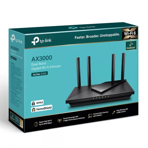 TP-Link Archer AX55 vezetéknélküli router Gigabit Ethernet Kétsávos (2,4 GHz / 5 GHz) Fekete
