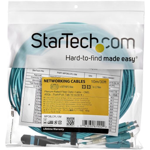 StarTech.com MPO8LCPL10M InfiniBand és száloptikai kábel 10 M MPO/MTP 8x LC Türkizkék