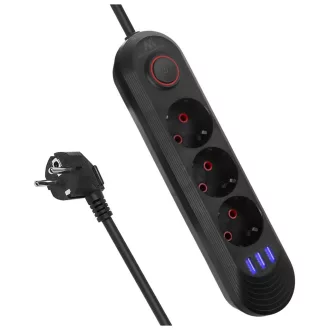  Maclean power strip, 3-socket extension cable + 3xUSB, 110-240V AC 50/60Hz, 2.1A max 2500W, 1.5m, black, MCE394 B