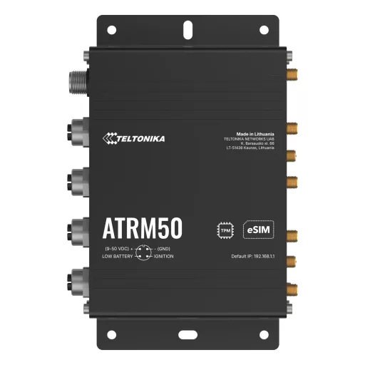 Teltonika ATRM50 5G Router for Transportation, Ultra-High Cellular Speeds, M12 CONNECTORS, DUAL SIM & eSIM, EN 45545-2 and EN 50155, PSU not included vezetéknélküli router Gigabit Ethernet Kétsávos (2,4 GHz / 5 GHz) Fekete