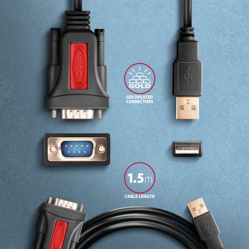 Axagon ADS-1PSN USB-A 2.0 - serial RS-232 DB9-M Prolific adapter cable 1.5m - Adapter - Digital/Daten soros kábel Fekete 1,5 M USB A típus