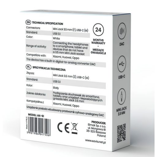 Savio AK-51 audio kábel 0,11 M 3.5mm USB C-típus Fehér