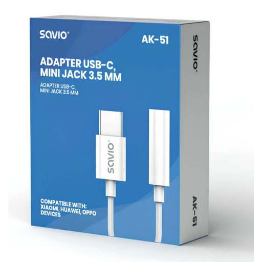 Savio AK-51 audio kábel 0,11 M 3.5mm USB C-típus Fehér
