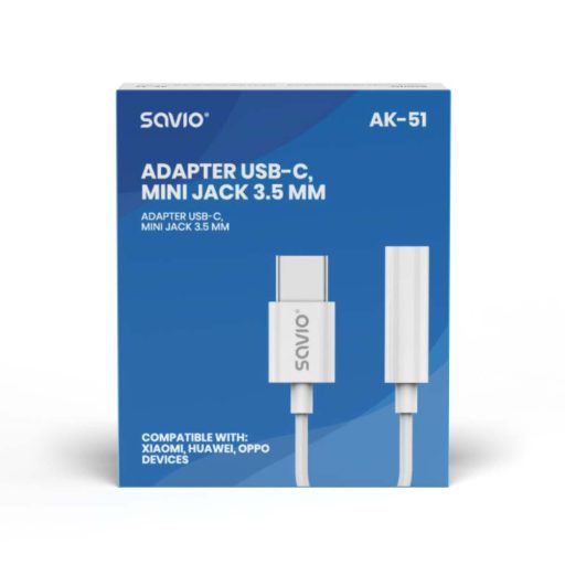 Savio AK-51 audio kábel 0,11 M 3.5mm USB C-típus Fehér