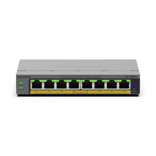 NETGEAR GS108EPP Beállítást nem igénylő (unmanaged) Gigabit Ethernet (10/100/1000) Ethernet-áramellátás (PoE) támogatása Asztali/falra szerelhető Szürke