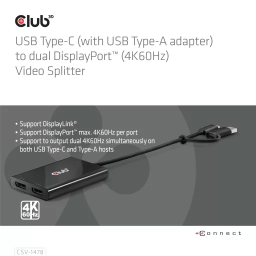 CLUB3D CSV-1478 videó elosztó USB C-típus 2x DisplayPort