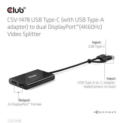 CLUB3D CSV-1478 videó elosztó USB C-típus 2x DisplayPort