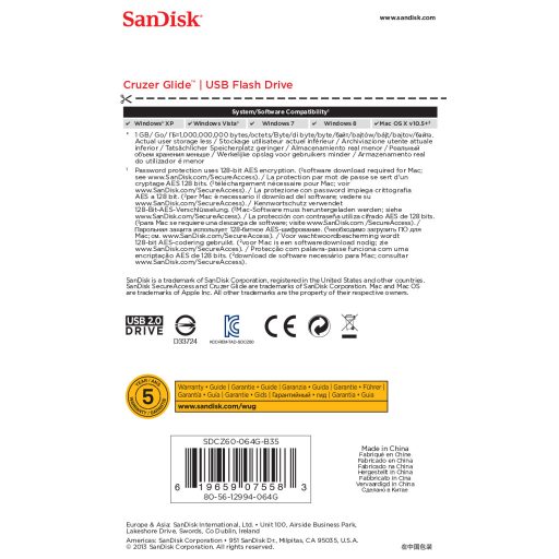 SanDisk Cruzer Glide USB flash meghajtó 64 GB USB A típus 2.0 Fekete, Vörös