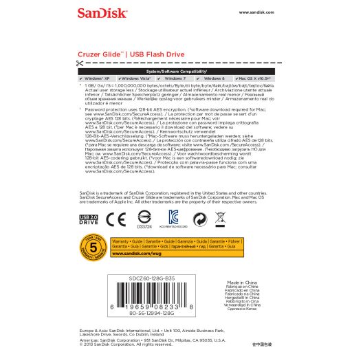 SanDisk Cruzer Glide USB flash meghajtó 128 GB USB A típus 2.0 Fekete, Vörös