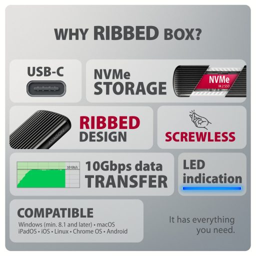 Axagon Külső SSD ház Szürke, Fekete M.2