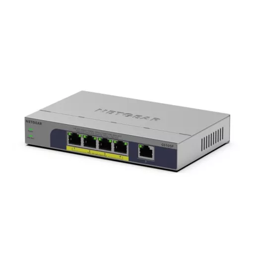 NETGEAR GS105P Beállítást nem igénylő (unmanaged) Gigabit Ethernet (10/100/1000) Ethernet-áramellátás (PoE) támogatása Asztali/falra szerelhető Szürke