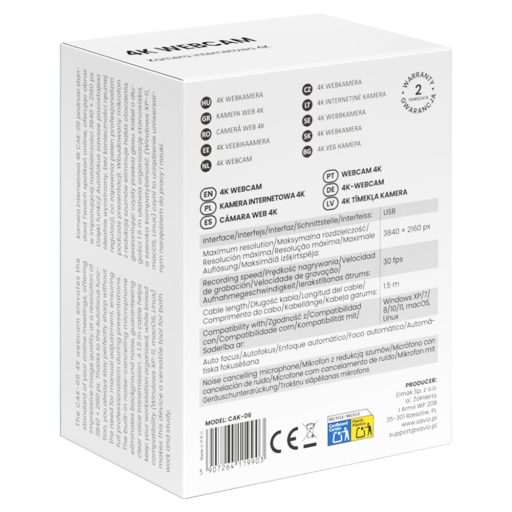 Savio CAK-06 webkamera 3840 x 2160 pixelek USB Fekete