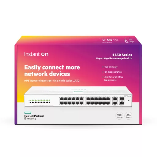 HPE Aruba Networking Networking Instant On Switch 26p Gigabit 2p SFP 1430 Beállítást nem igénylő (unmanaged) L2 Gigabit Ethernet (10/100/1000) 1U Fehér