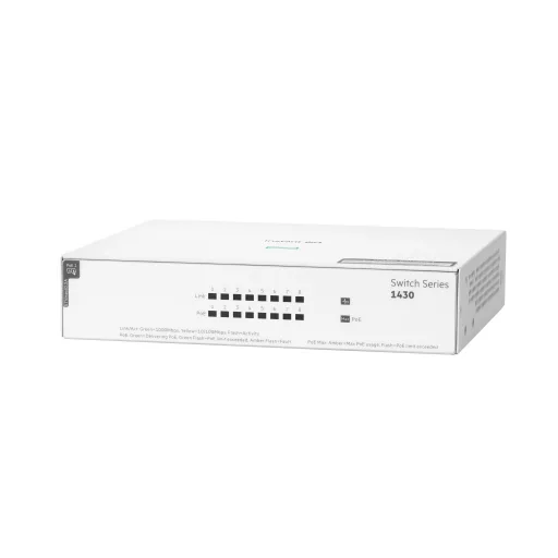 HPE Aruba Networking Networking Instant On Switch 8p Gigabit CL4 PoE 64W 1430 Beállítást nem igénylő (unmanaged) L2 Gigabit Ethernet (10/100/1000) Ethernet-áramellátás (PoE) támogatása Fehér