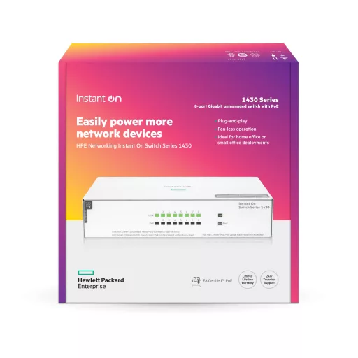 HPE Aruba Networking Networking Instant On Switch 8p Gigabit CL4 PoE 64W 1430 Beállítást nem igénylő (unmanaged) L2 Gigabit Ethernet (10/100/1000) Ethernet-áramellátás (PoE) támogatása Fehér