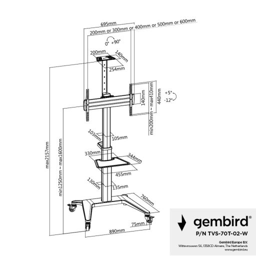 Gembird Aluminum TV floor stand with caster wheels, 37" - 70", baltas |