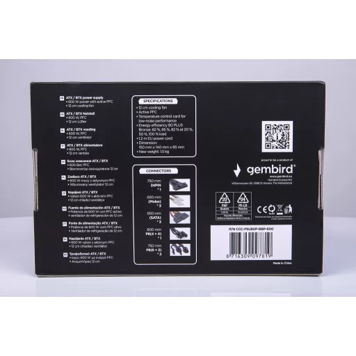 Gembird CCC-PSU80P-BBP-600 600 W 24-pin ATX ATX Fekete