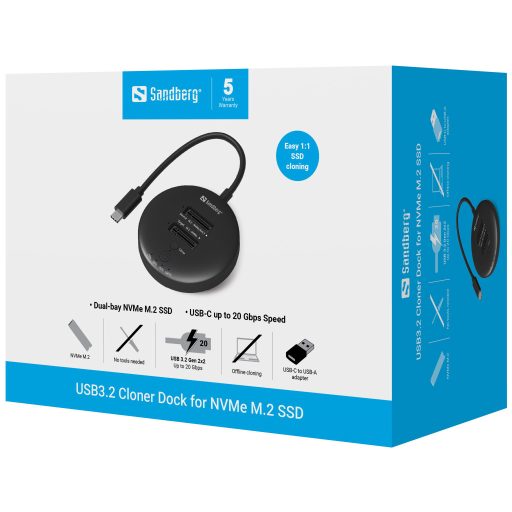 Sandberg 136-72 dokkoló állomás tárolóegységhez USB 3.2 Gen 2 (3.1 Gen 1) Type-C Fekete