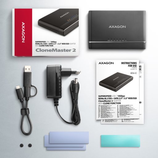 Axagon ADSA-CC USB-C 10Gbps - NVMe M.2 SSD & SATA 2.5/3.5 SSD/HDD CLONE MASTER 2 - Digital/Daten - NVMe USB 3.2 Gen 2 (3.1 Gen 2) Type-C Fekete