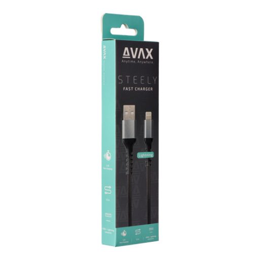 KAB AVAX CB401G STEELY USB A-Lightning 20W gyorstöltő, sodorszálas kábel, 3A, acélszürke - 1,5m