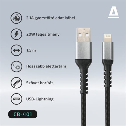 KAB AVAX CB401G STEELY USB A-Lightning 20W gyorstöltő, sodorszálas kábel, 3A, acélszürke - 1,5m