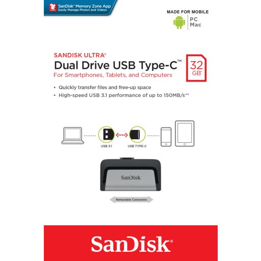 SanDisk Ultra Dual Drive USB Type-C USB flash meghajtó 32 GB USB Type-A / USB Type-C 3.2 Gen 1 (3.1 Gen 1) Fekete, Ezüst
