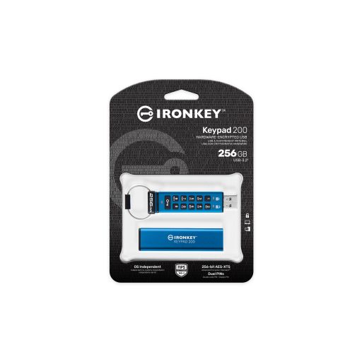 Kingston Technology IronKey Keypad 200 USB flash meghajtó 256 GB USB A típus 3.2 Gen 1 (3.1 Gen 1) Kék