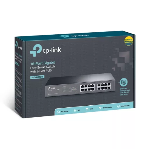 TP-Link TL-SG1016PE Vezérelt L2 Gigabit Ethernet (10/100/1000) Ethernet-áramellátás (PoE) támogatása 1U Fekete