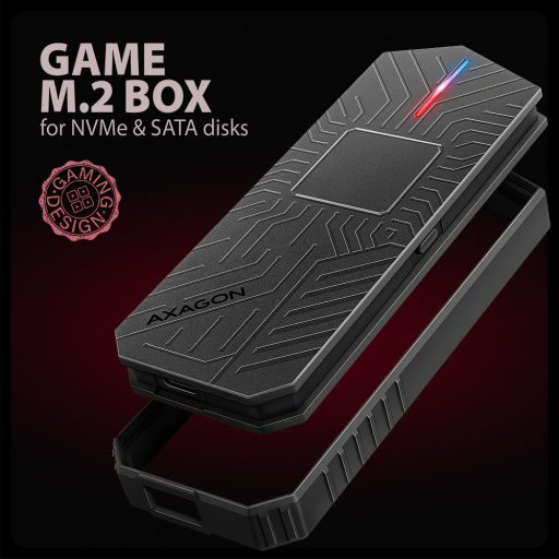 Axagon EEM2-GAM, USB-C 10Gbps - NVMe & SATA SSD GAME M.2 box, bezšroubkový Külső SSD ház Fekete