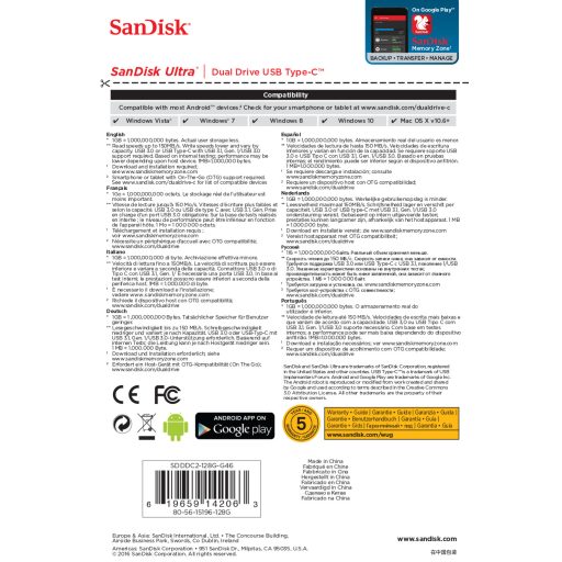 SanDisk Ultra Dual Drive USB Type-C USB flash meghajtó 128 GB USB Type-A / USB Type-C 3.2 Gen 1 (3.1 Gen 1) Fekete, Ezüst