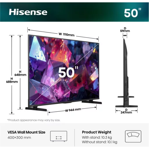 Hisense 50E7S PRO 127 cm (50") UHD+ Smart TV Wi-Fi Fekete 350 cd/m²