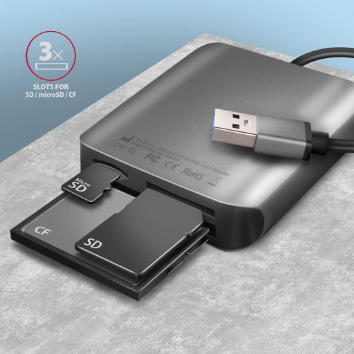 Axagon CRE-S3 External card reader USB-A 3.2 Gen 1 3-slot & lun SD/microSD/CF kártyaolvasó USB 3.2 Gen 1 (3.1 Gen 1) Type-A Szürke