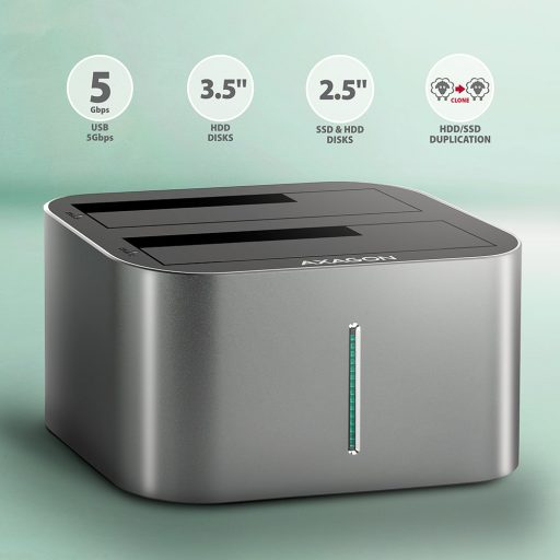 Axagon AXG ADSA-DC - Docking- und Kopierstation 2x 2.5''/3.5'' SATA USB 3.0 - Digital/Daten USB 3.2 Gen 1 (3.1 Gen 1) Type-A Szürke