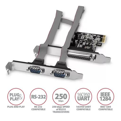 Axagon PCEA-PSN PCIe-Adapter mit 1x Parallel-+ 2x Seriell-Ports - ASIX AX99100 Belső Párhuzamos, RS-232