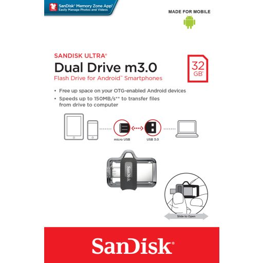 SanDisk Ultra Dual m3.0 USB flash meghajtó 32 GB USB Type-A / Micro-USB 3.2 Gen 1 (3.1 Gen 1) Fekete, Ezüst, Átlátszó