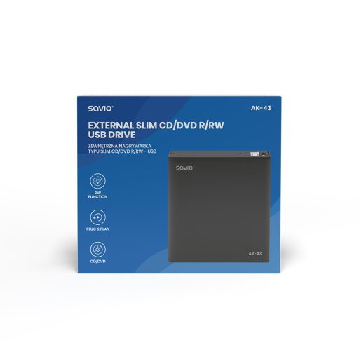 Savio AK-43 optical disc External Slim drive DVD±R/RW CD±R/RW Black optikai meghajtó DVD±RW Fekete