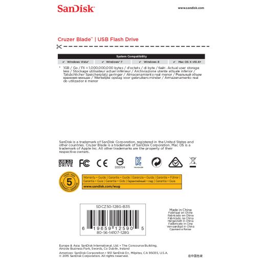 SanDisk Cruzer Blade USB flash meghajtó 128 GB USB A típus 2.0 Fekete, Vörös